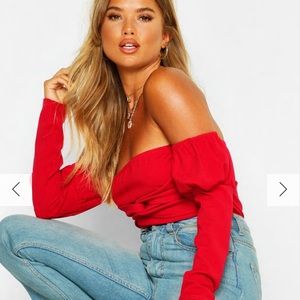 NWOT Red Off the Shoulder Crop Boohoo